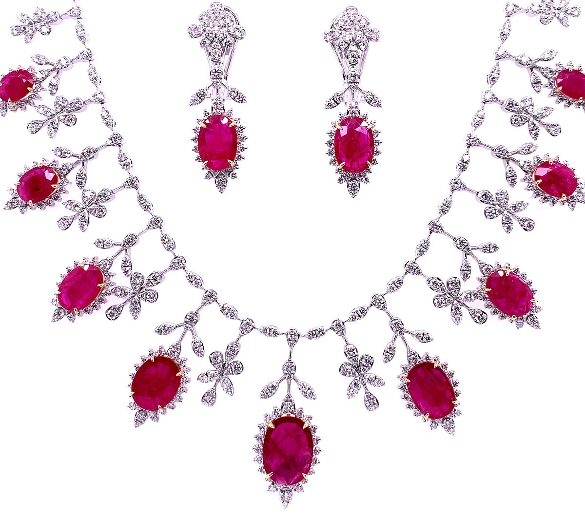 White Gold Plated Ruby Pink Diamond Necklaceset With Statement 