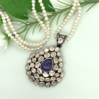 Tanzanite-Fancy Cut Diamond Mughal Pendant